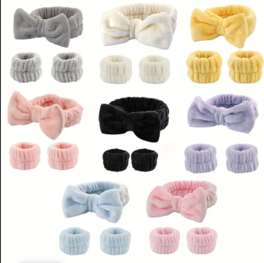 3pc Set Bow Spa Headband Wristbands Fluffy Skincare Face Washing Makeup